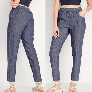OLD NAVY High Waisted Cropped Linen Blend Pants Blue White Chambray Crop Ankle L